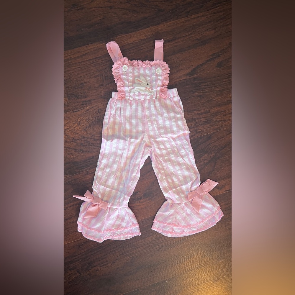 Toddler Girls Easter Outfit Overalls Romper Bow Striped Bell Bottom Suspenders